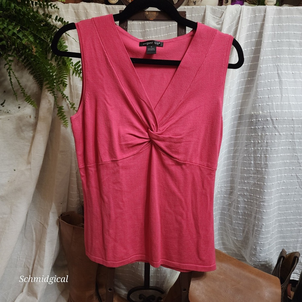 August Silk Pink V-Neck Twist Front Sleeveless Knit Silk Blend Top Womens Medium